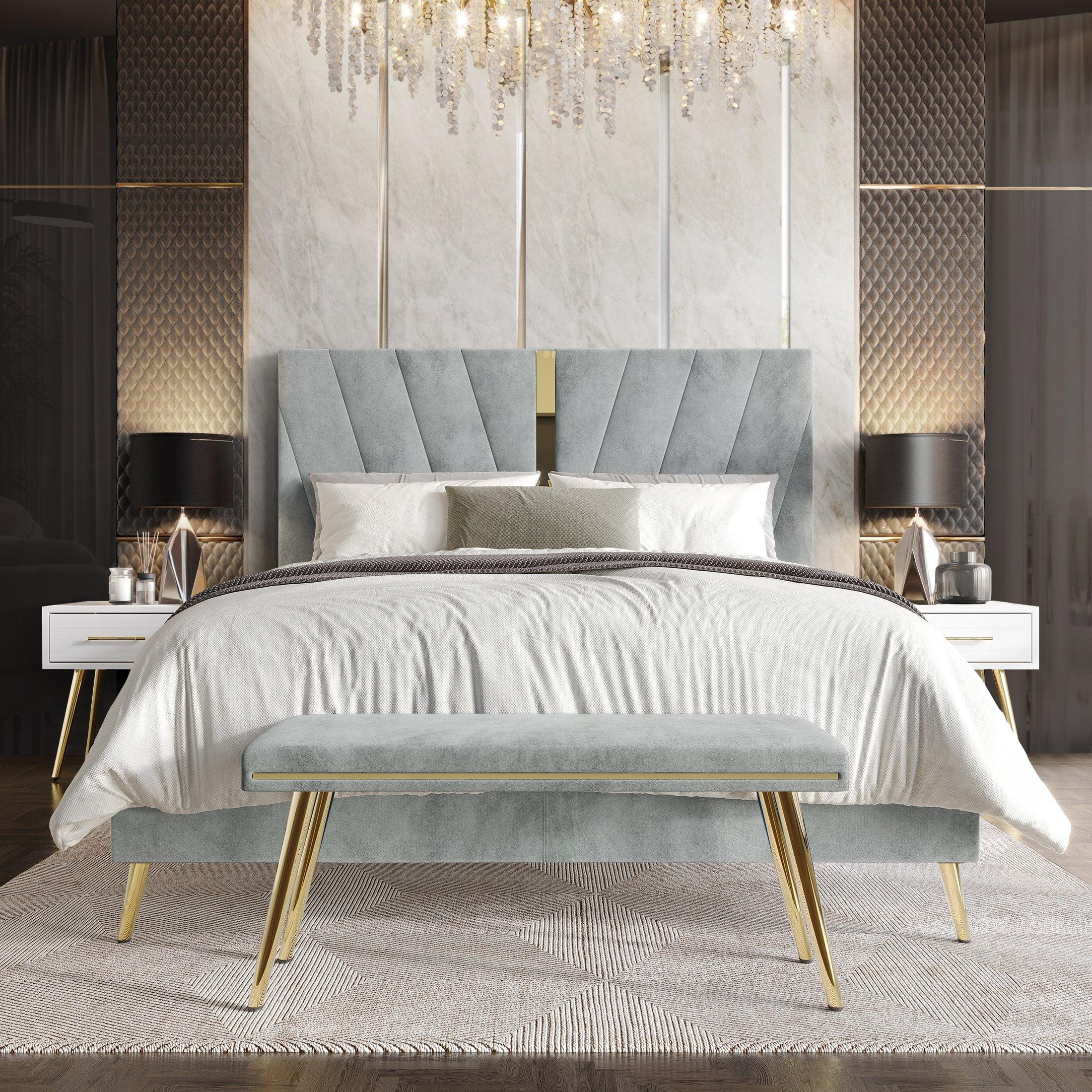 Castle Place Contemporary Velvet King Upholstered Bed with 2 Nightstand and Bench, Silver Grey