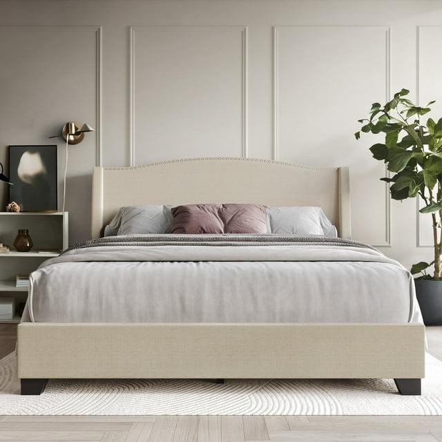 ChaletPosh Full Size Platform Bed with Storage Beige Linen