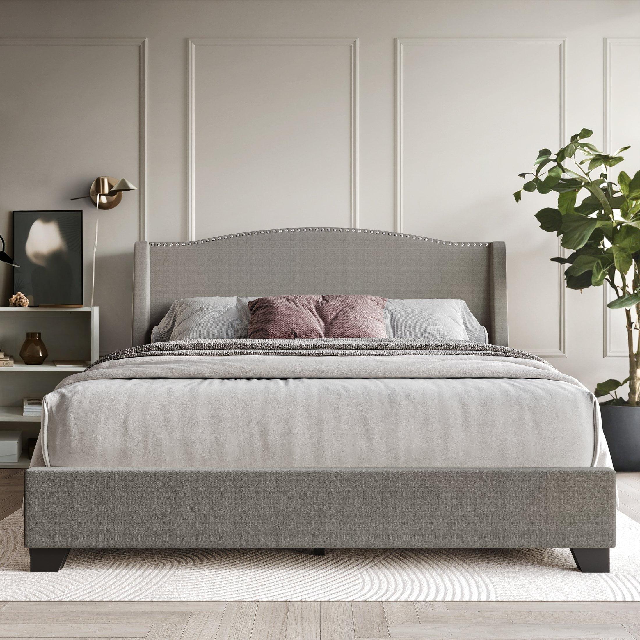 Castle Place Elegant Linen King Platform Bed with Storage, LIght Grey