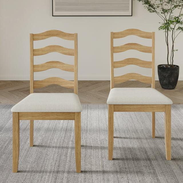 ChaletPosh Natural Wooden Dining Chair With Warm Grey Cover (Set of 2)