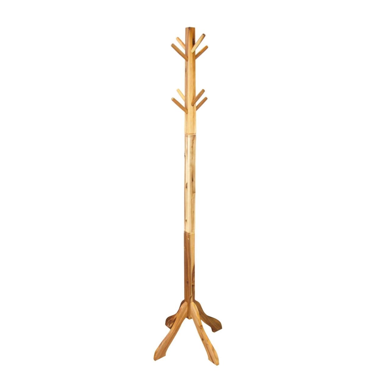 Natural Solid Acacia Wood Hall Tree with 8 Hooks