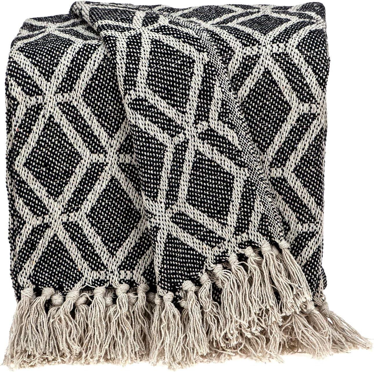 Grey and Beige Handloom Geometric Woven Wool Throw Blanket