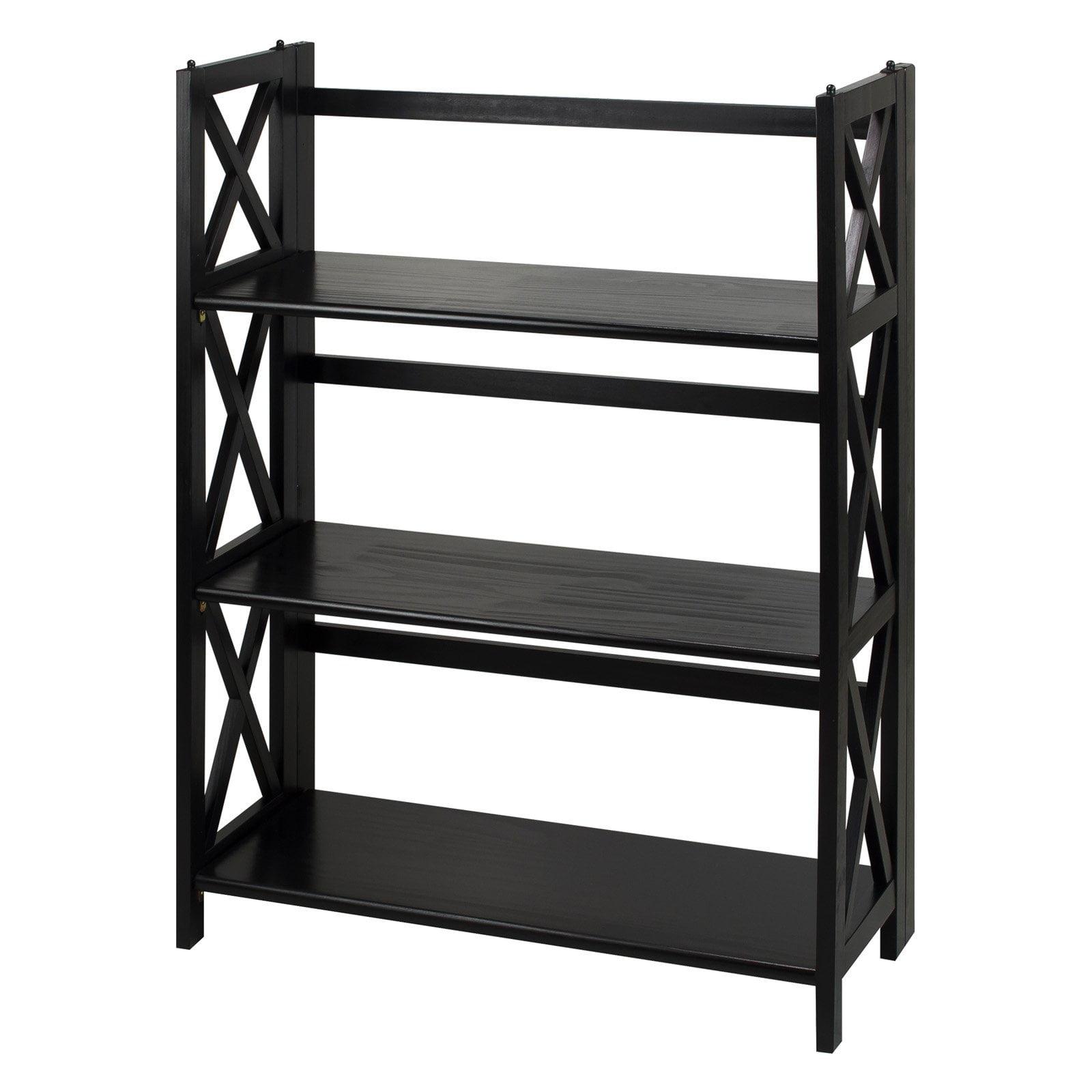 Modern Black Solid Wood 3-Shelf Stackable Bookcase with Doors