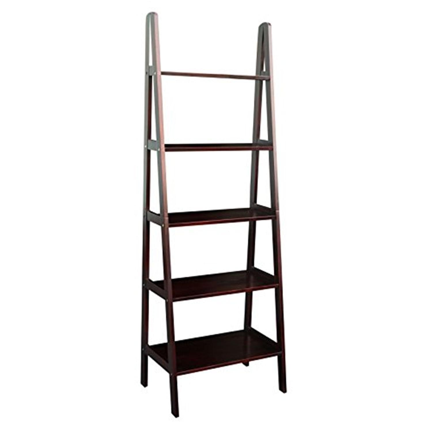 Espresso Solid Wood Adjustable 5-Shelf Ladder Bookcase