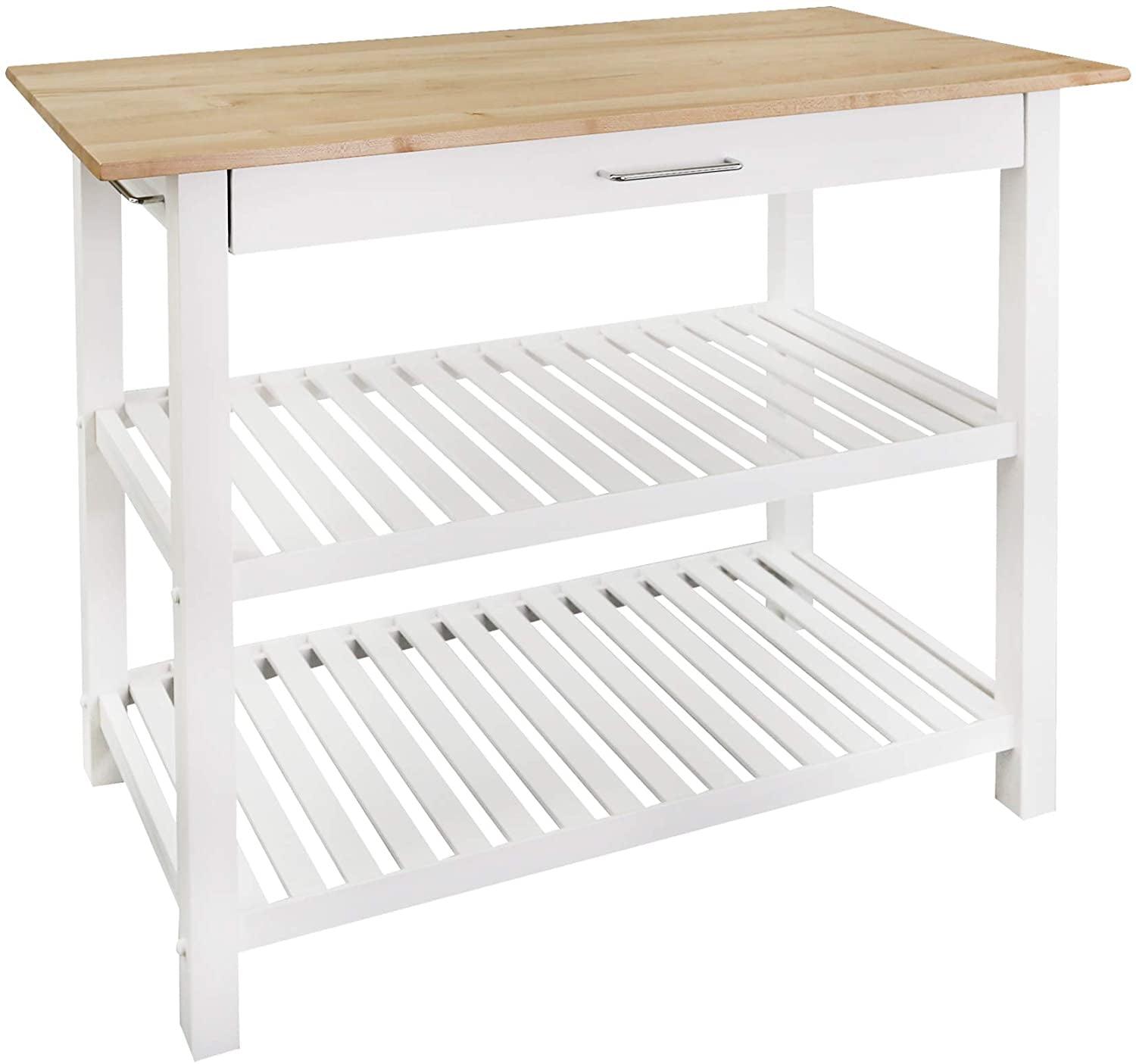 Natural White Solid Wood Kitchen Island with Alloy Steel Finish 40"W