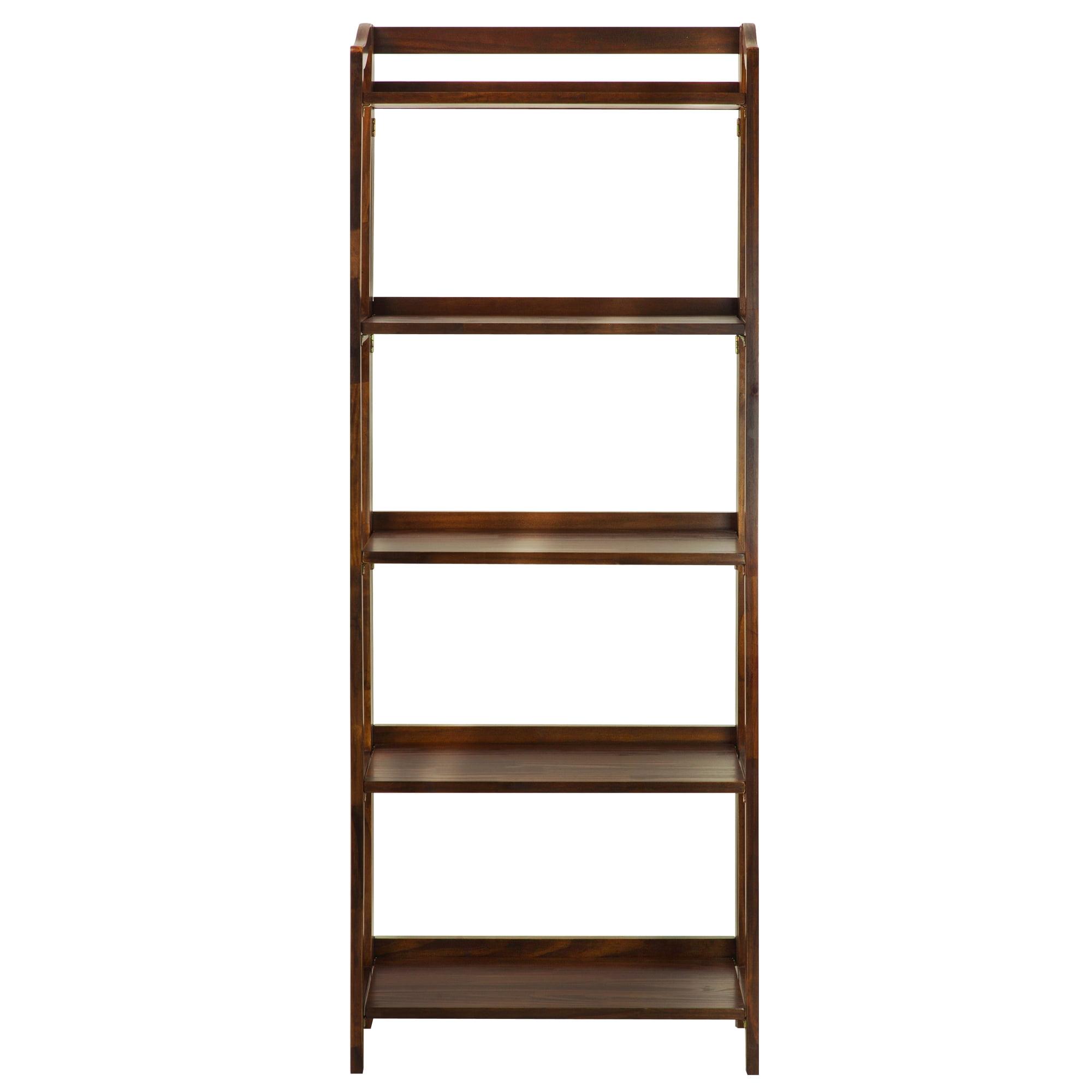 Warm Brown Solid Wood 5-Shelf Folding Bookcase with Doors