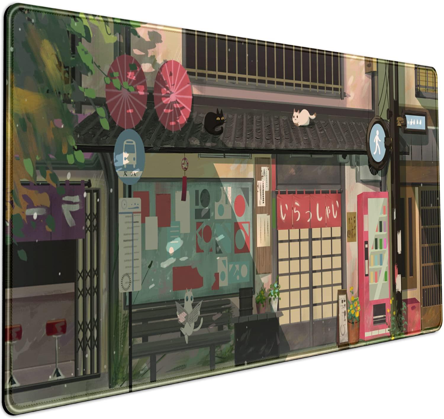 Cat Cafe Desk Mat Cute Anime Mouse Pads, Kawaii Desk Pad Large Gaming Mousepad XXL 31.5x15.75 in, Japanese Street Aesthetic Keyboard Mat Pad, Laptop Computer Desktop Decor Mat for Women Office