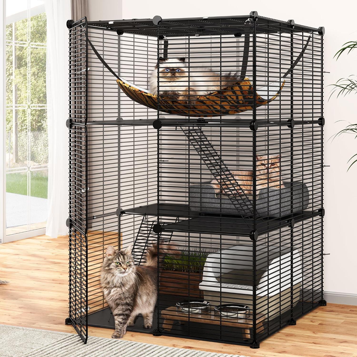 Small Black Metal 3-Level Cat Cage with Hammock