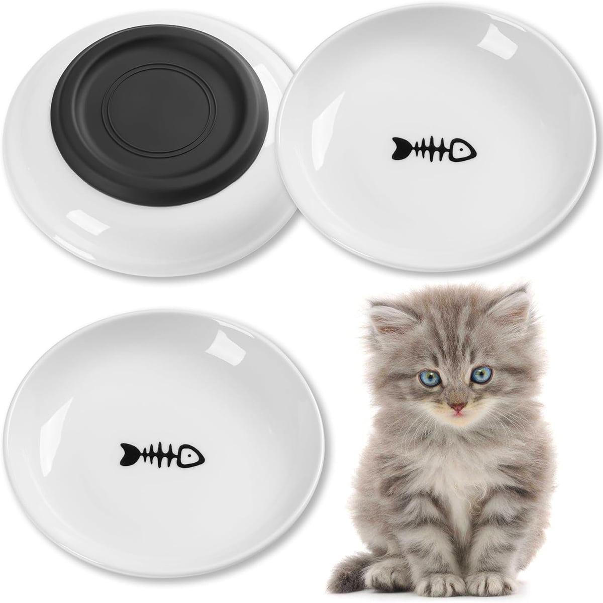 Cat Food Bowls, Whisker Friendly Ceramic Cat Bowls with Nonslip Silicone Bottom, Pack of 3 Quiet Cat Dishes and Plates for Feeding Indoor Cats, Kittens and Small Dogs-Style 1