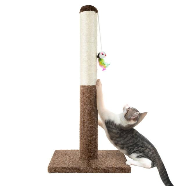 Cat Scratching Post - Tall Scratcher for Cats and Kittens with Sisal Rope and Carpet Hanging Mouse Toy for Interactive Play by PETMAKER (24.5 Inch)