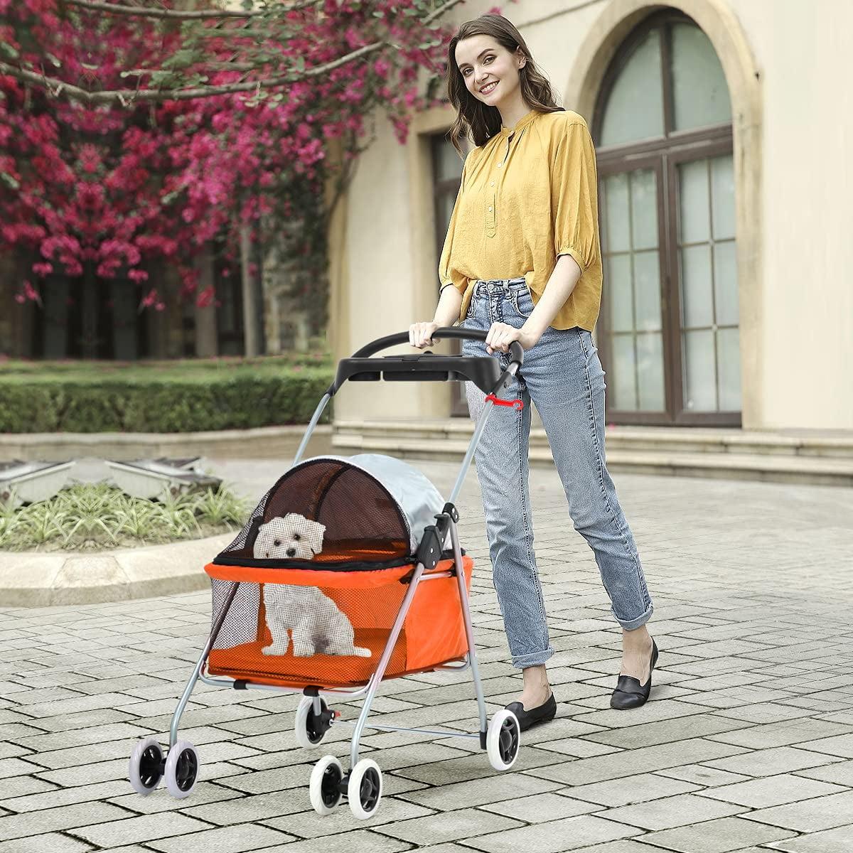 BestMassage Pet Stroller 4 Wheels Dog Cat Stroller Foldable Jogger Stroller, Orange