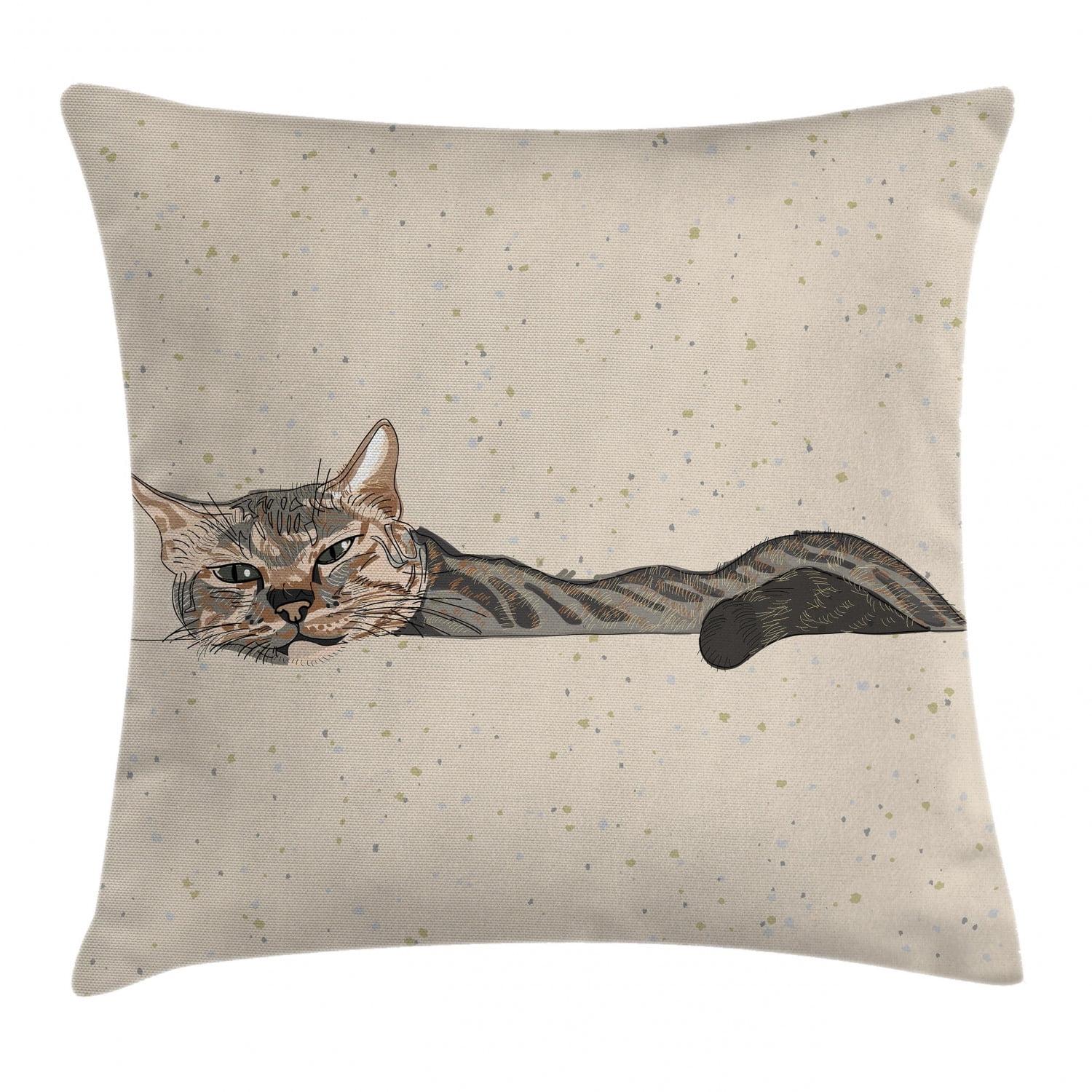 Cat Throw Pillow Cushion Cover, Lazy Sleepy Cat Figure in Earth Tones Cute Furry Mascot Indoor Pet Art Illustration, Decorative Square Accent Pillow Case, 16 X 16 Inches, Grey Beige, by Ambesonne