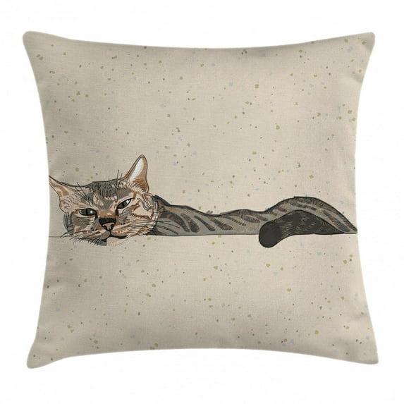 Cat Throw Pillow Cushion Cover, Lazy Sleepy Cat Figure in Earth Tones Cute Furry Mascot Indoor Pet Art Illustration, Decorative Square Accent Pillow Case, 16 X 16 Inches, Grey Beige, by Ambesonne