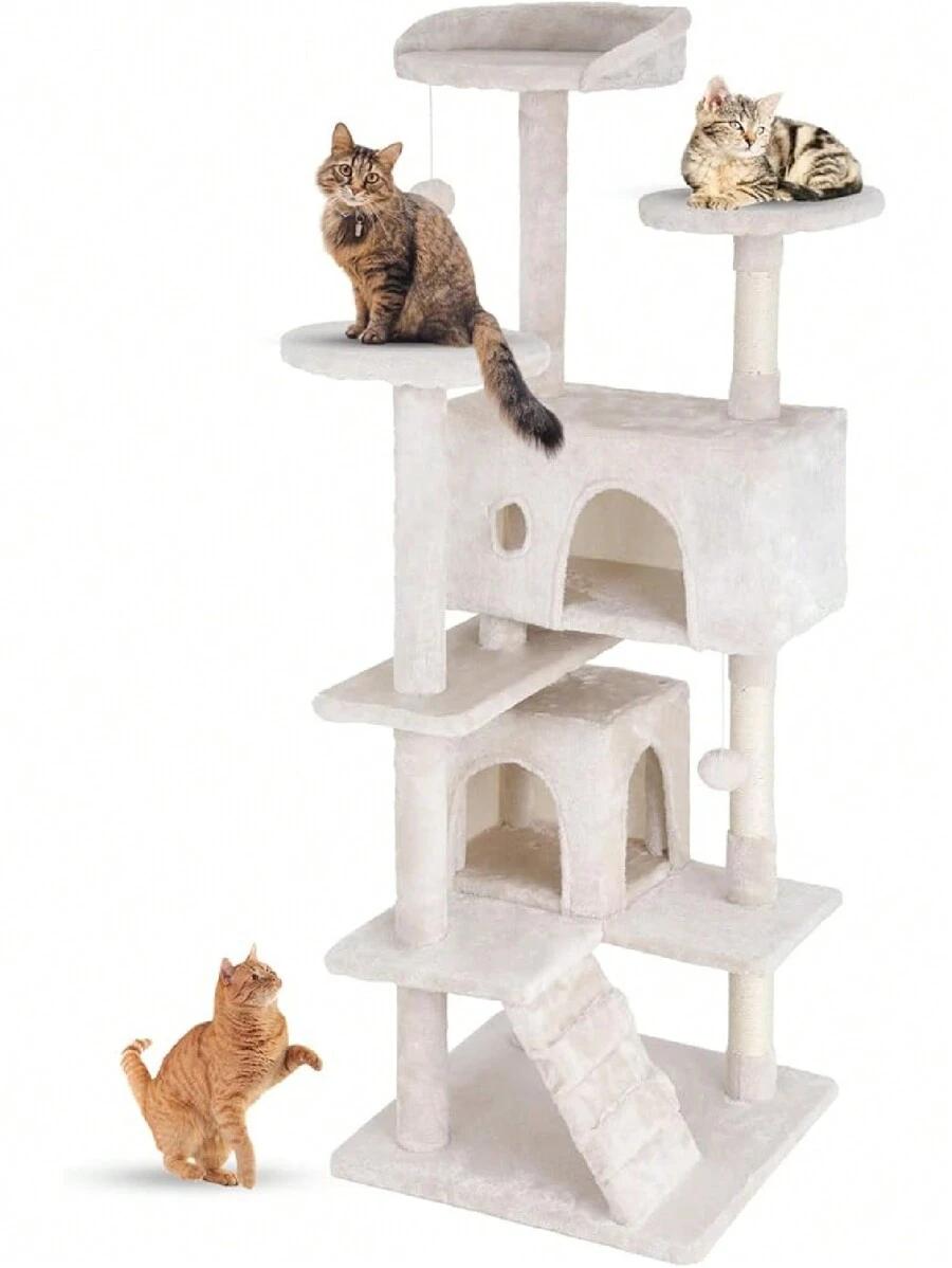 QuellQuest 54in Multi-Level Cat Tree Tower Furniture Activity Center with Scratching Posts, Toys and Condo for Indoor Kittens, Beige