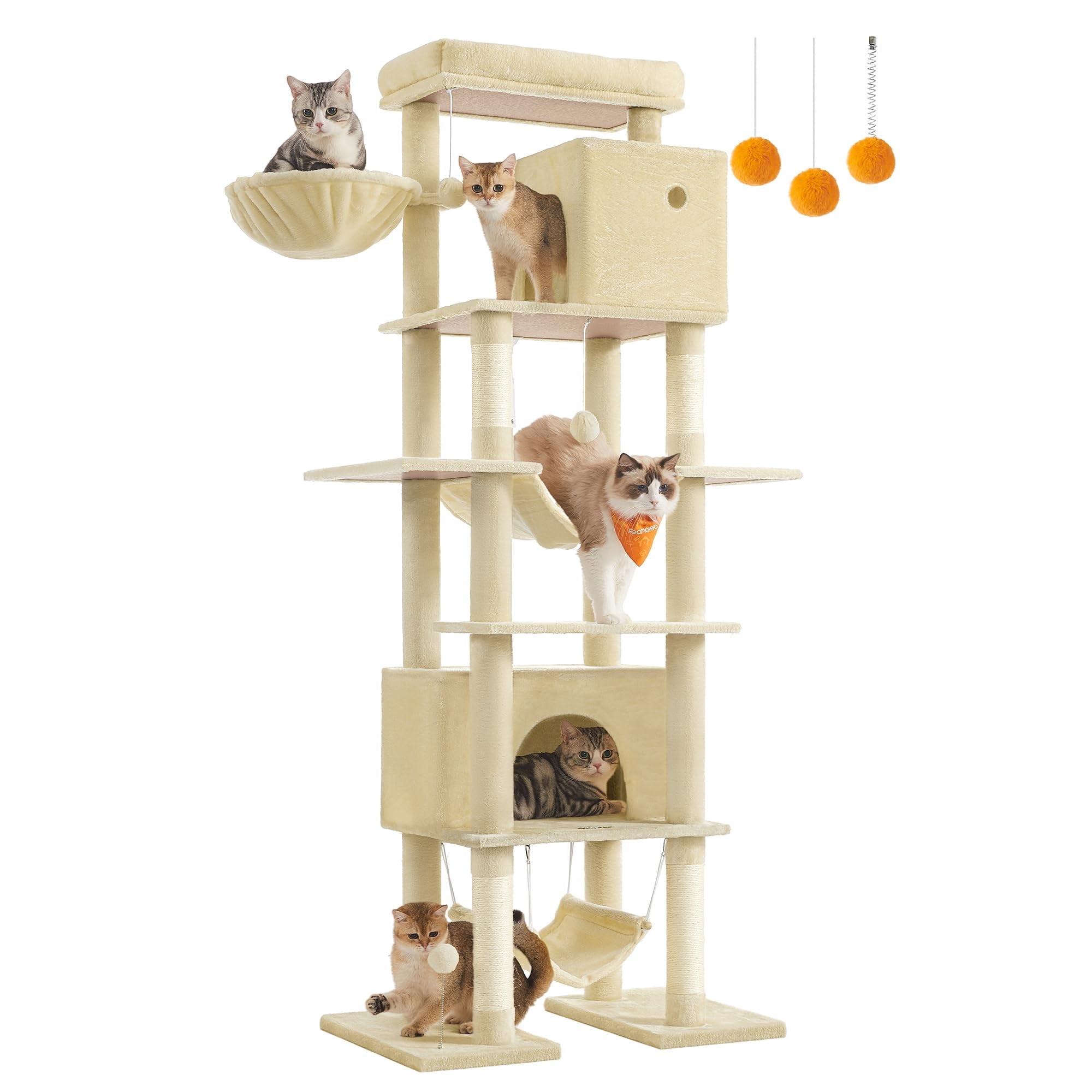 71" Indoor Tall Large Cat Tree Multi-Level Cat House With 2 Big Condo Pad Bed, Cozy Hammock And Scratching Posts