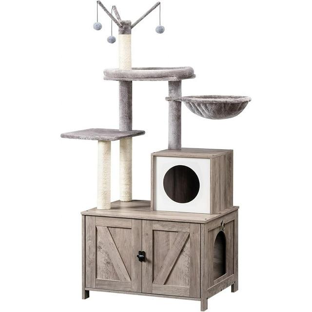 Litter Box Enclosure with Cat Tree, 2-in-1 Cat Tree Tower, Hidden Cat Litter Box Furniture with Scratching Post, Modern Cat Condo, Grey