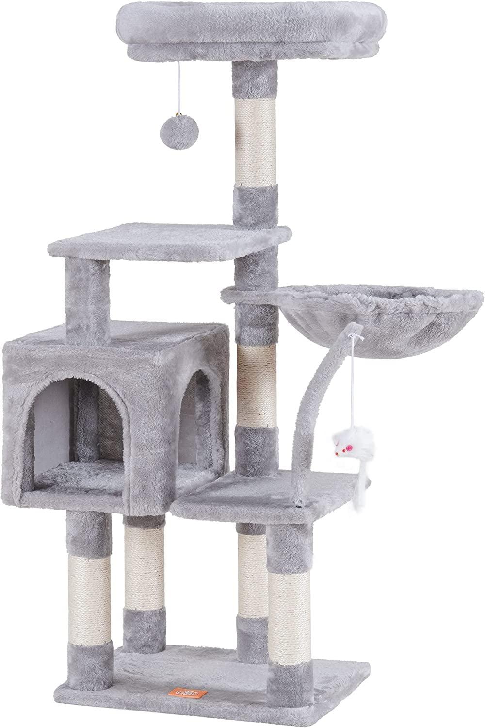 Cat Tree with Toy, Cat Tower condo for Indoor Cats, Cat House with Padded Plush Perch, Cozy Hammock and Sisal Scratching Posts, Light Gray