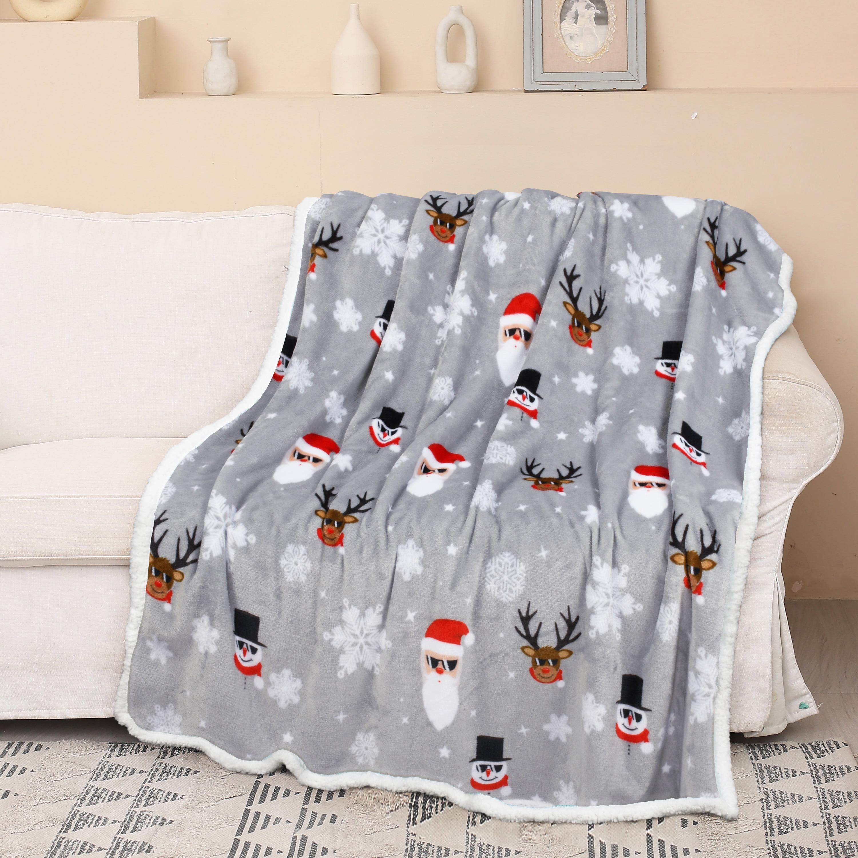 Catalonia Christmas Grey Sherpa Fleece Reversible Throw Blanket 50x60 Inch