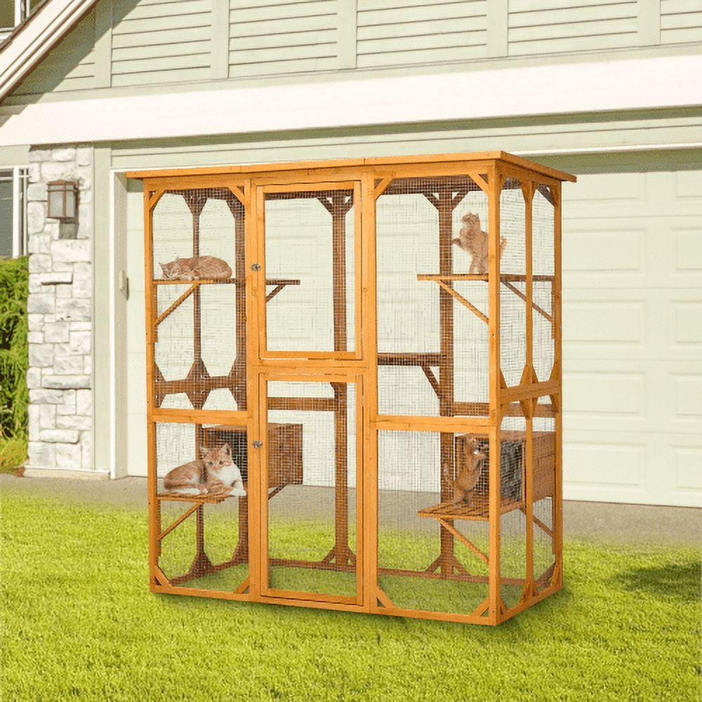 Yellow Wooden Outdoor Cat Enclosure with Roof and Platforms