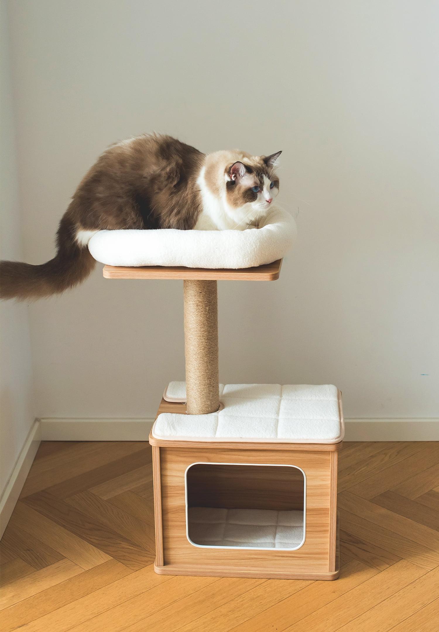 Natural Wood and White 30" Cat Tree with Sisal Post