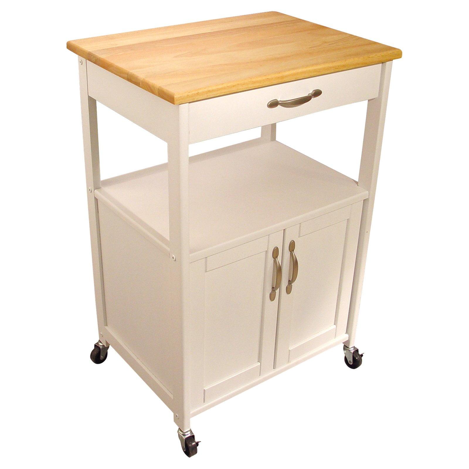 White Rubberwood Butcher Block Kitchen Cart with Storage