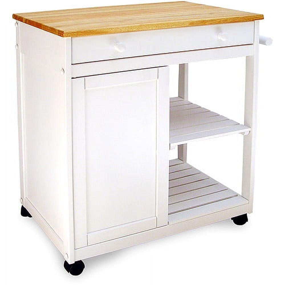 White Hardwood Kitchen Cart with Butcher Block Top and Storage