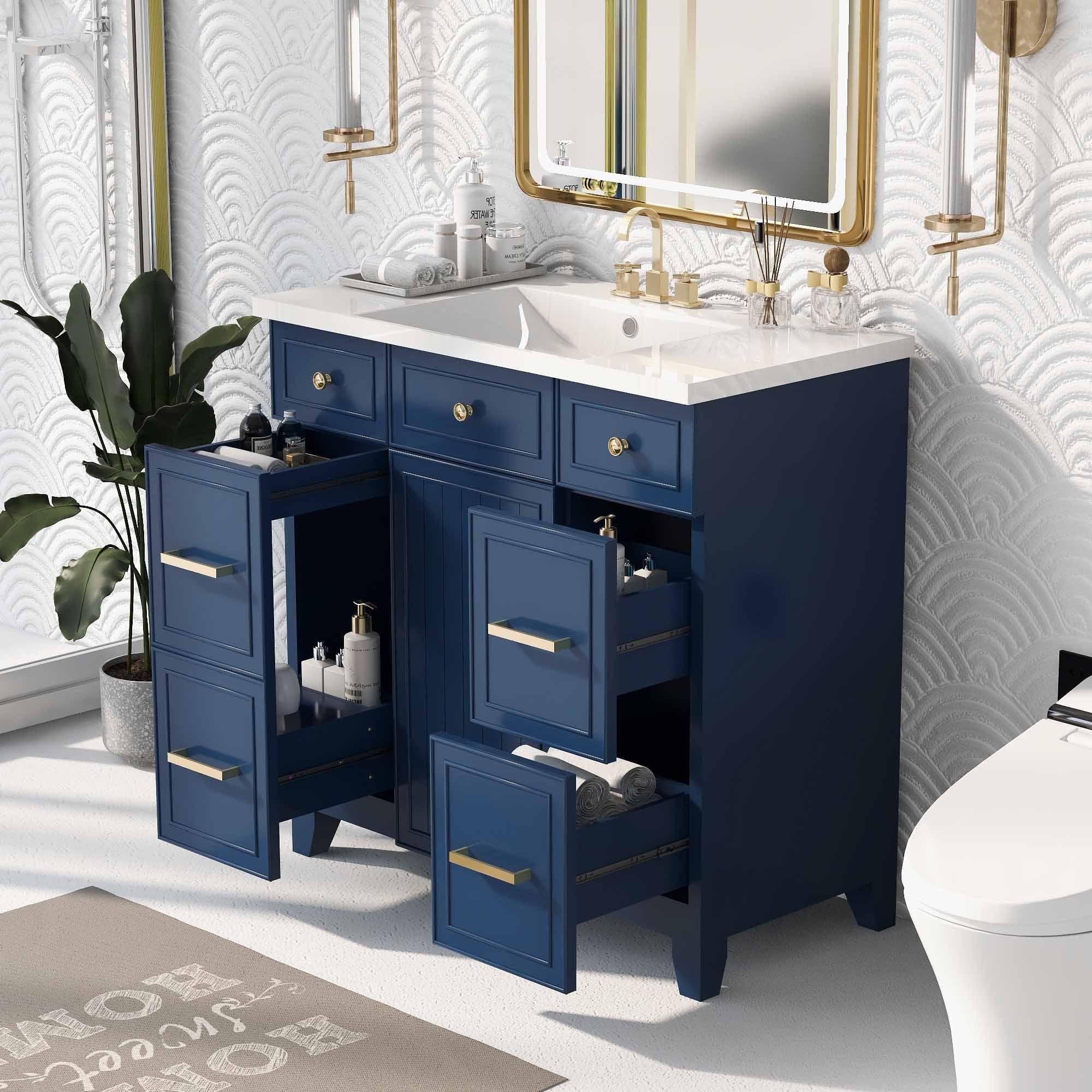 Navy Blue 36" Solid Wood Bathroom Vanity with Gold Handles