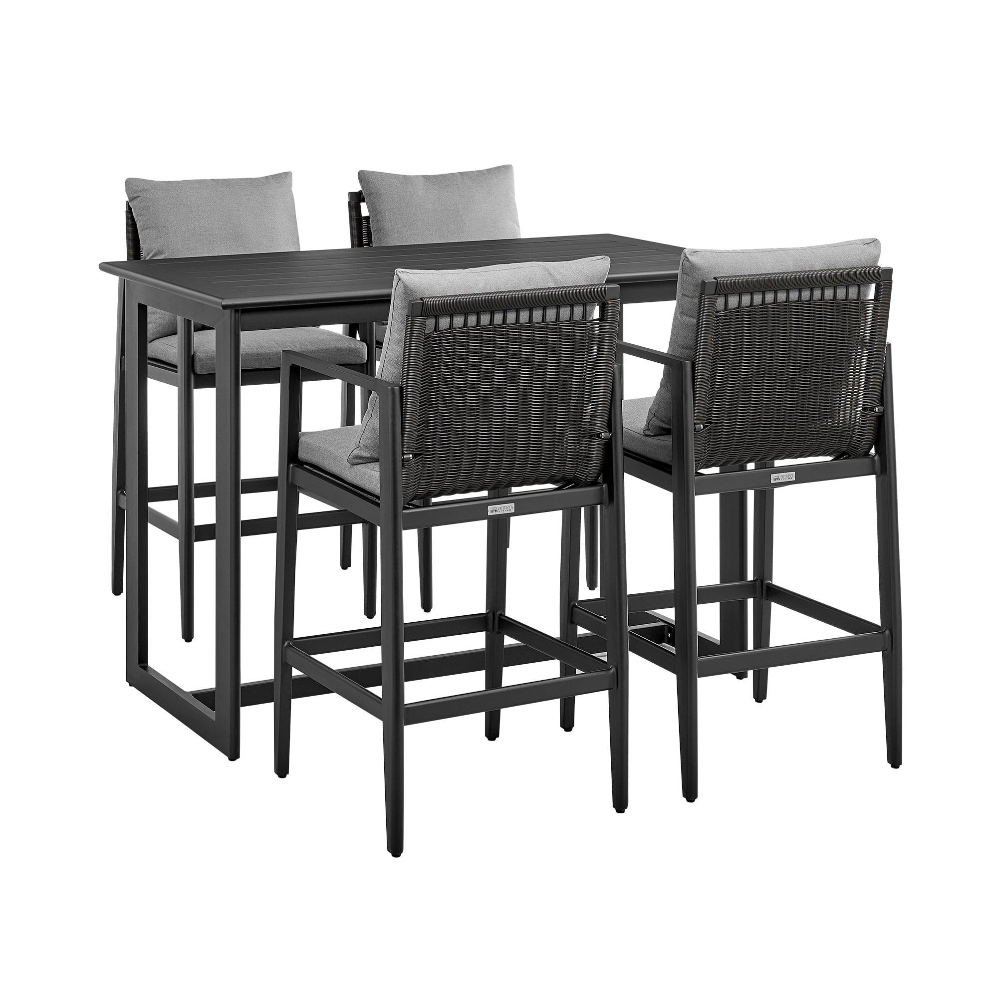 Cayman 5-Piece Black Aluminum and Wicker Bar Set with Gray Cushions