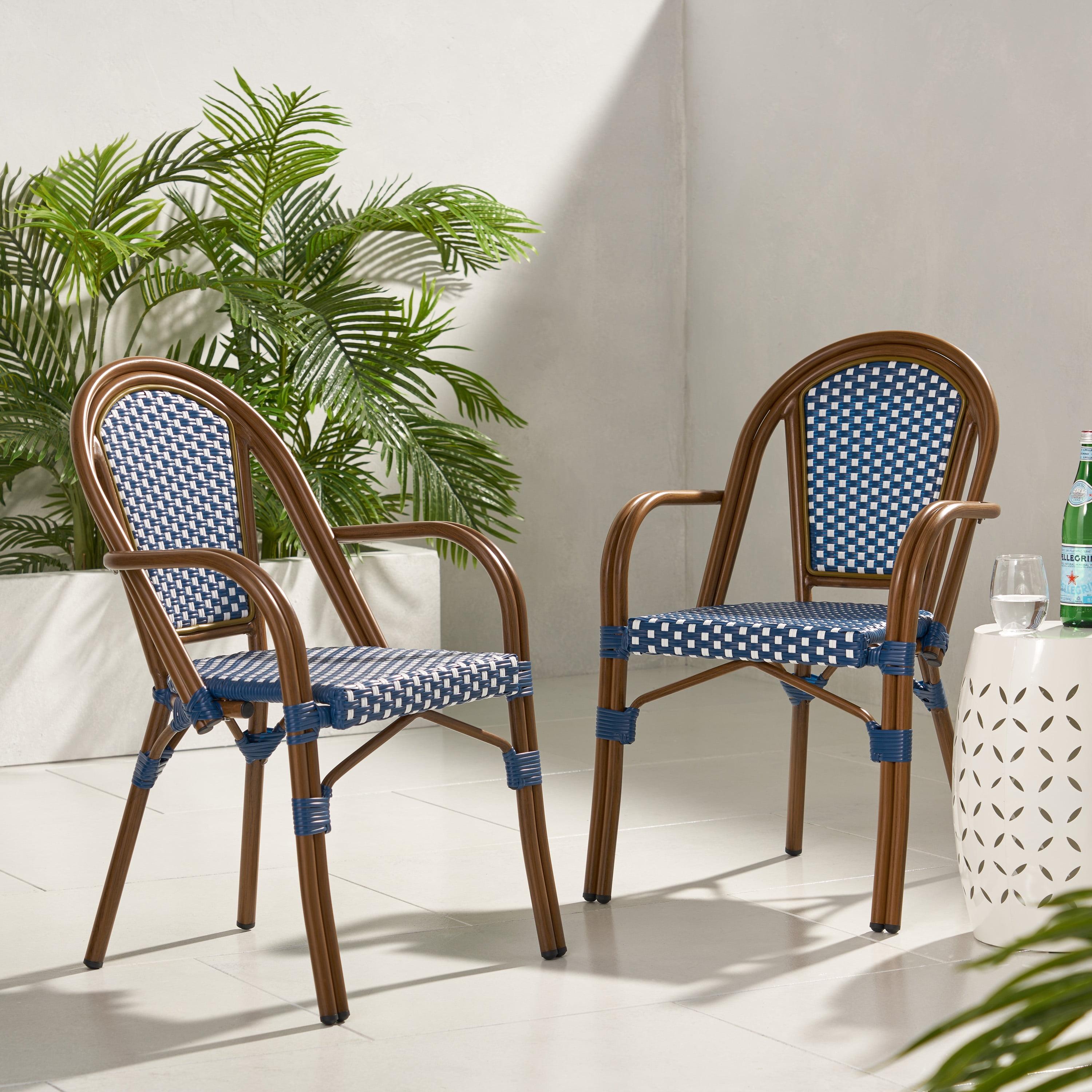 Cecil Aluminum and Wicker Outdoor French Bistro Chairs, Set of 2, Navy Blue, White, and Brown Wood