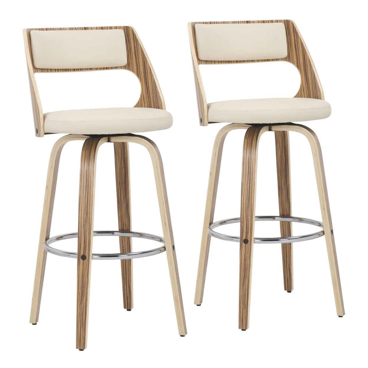 Cecina 30'' Zebra Wood and Cream Faux Leather Swivel Barstool Set