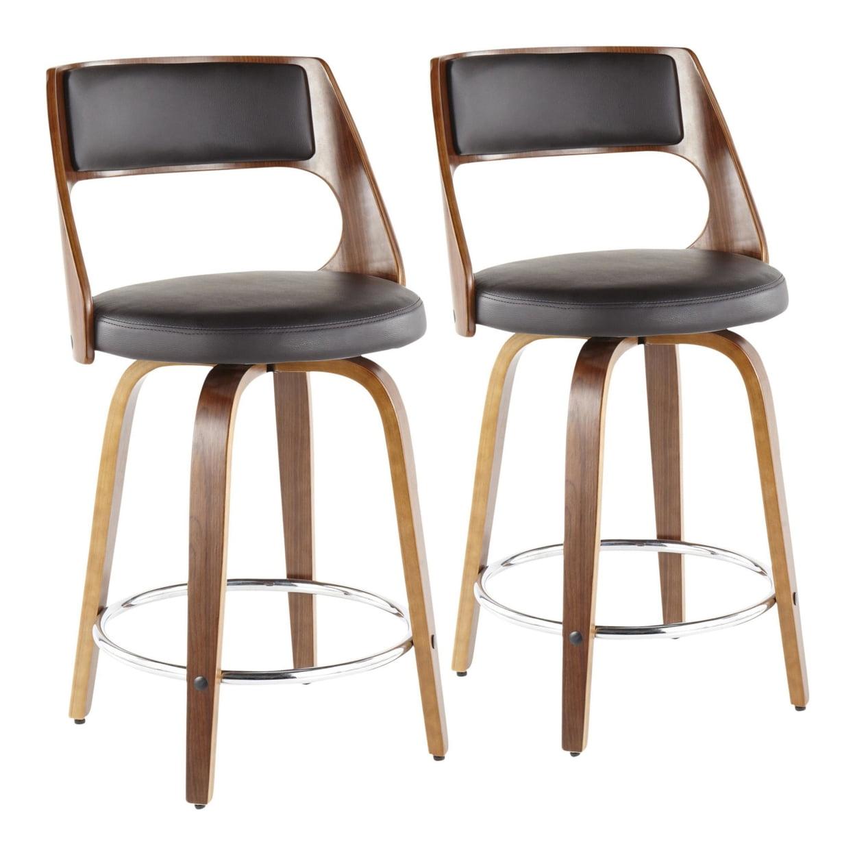 Set of 2 Cecina Upholstered Counter Height Barstools Brown/Walnut - Lumisource: Chrome Footrest, Swivel Seat, Wood Frame