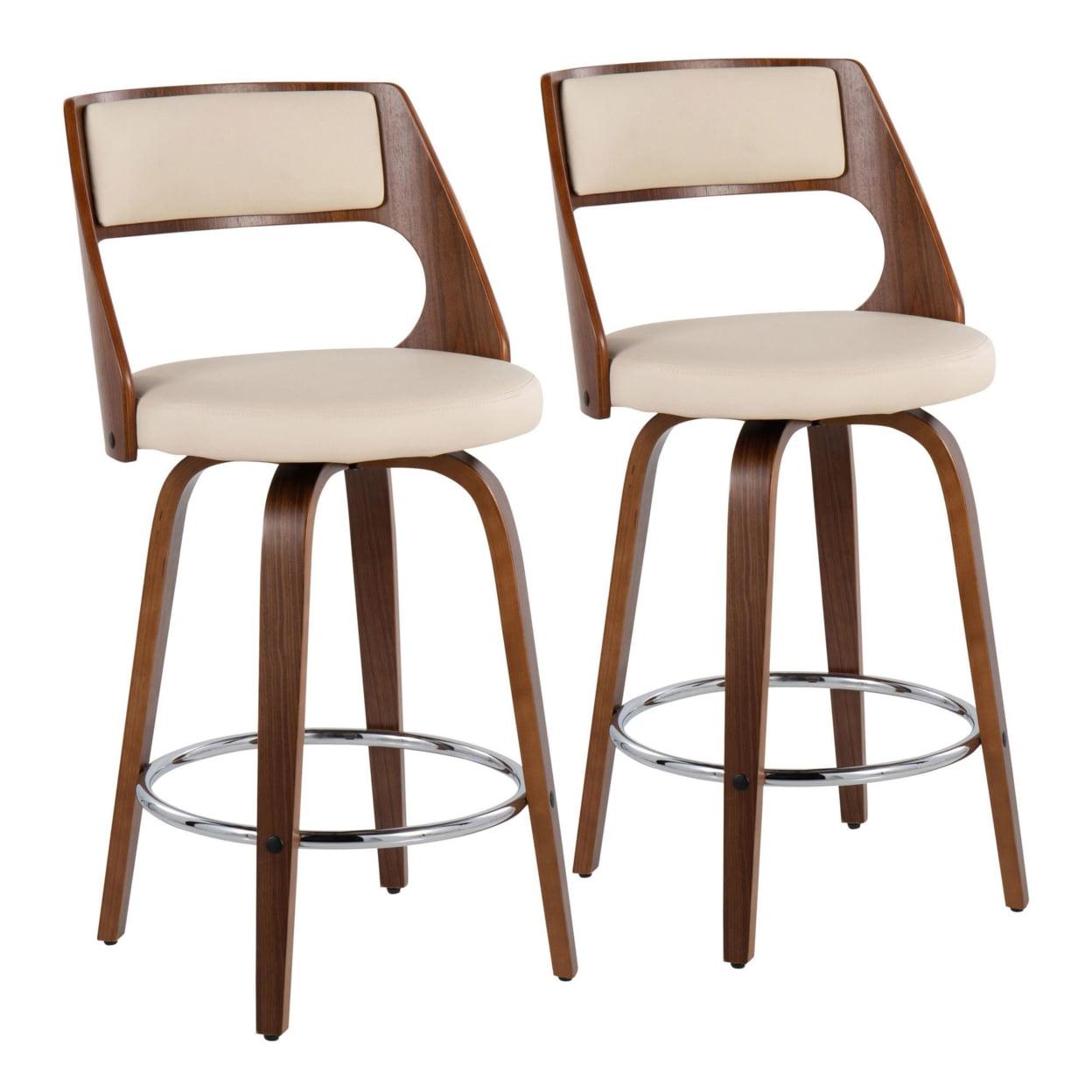 LumiSource Set of 2 Cecina Upholstered Counter Height Barstools Cream/Walnut : Swivel, Faux Leather, Wood Legs