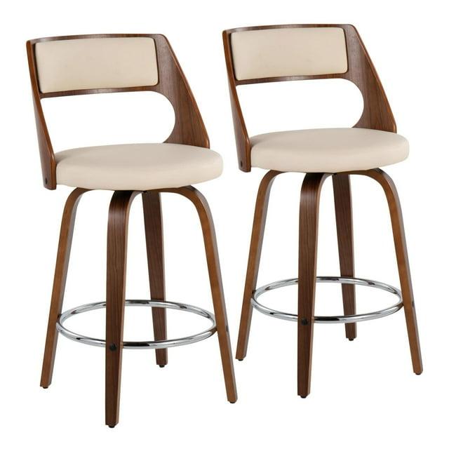 LumiSource Set of 2 Cecina Upholstered Counter Height Barstools Cream/Walnut : Swivel, Faux Leather, Wood Legs