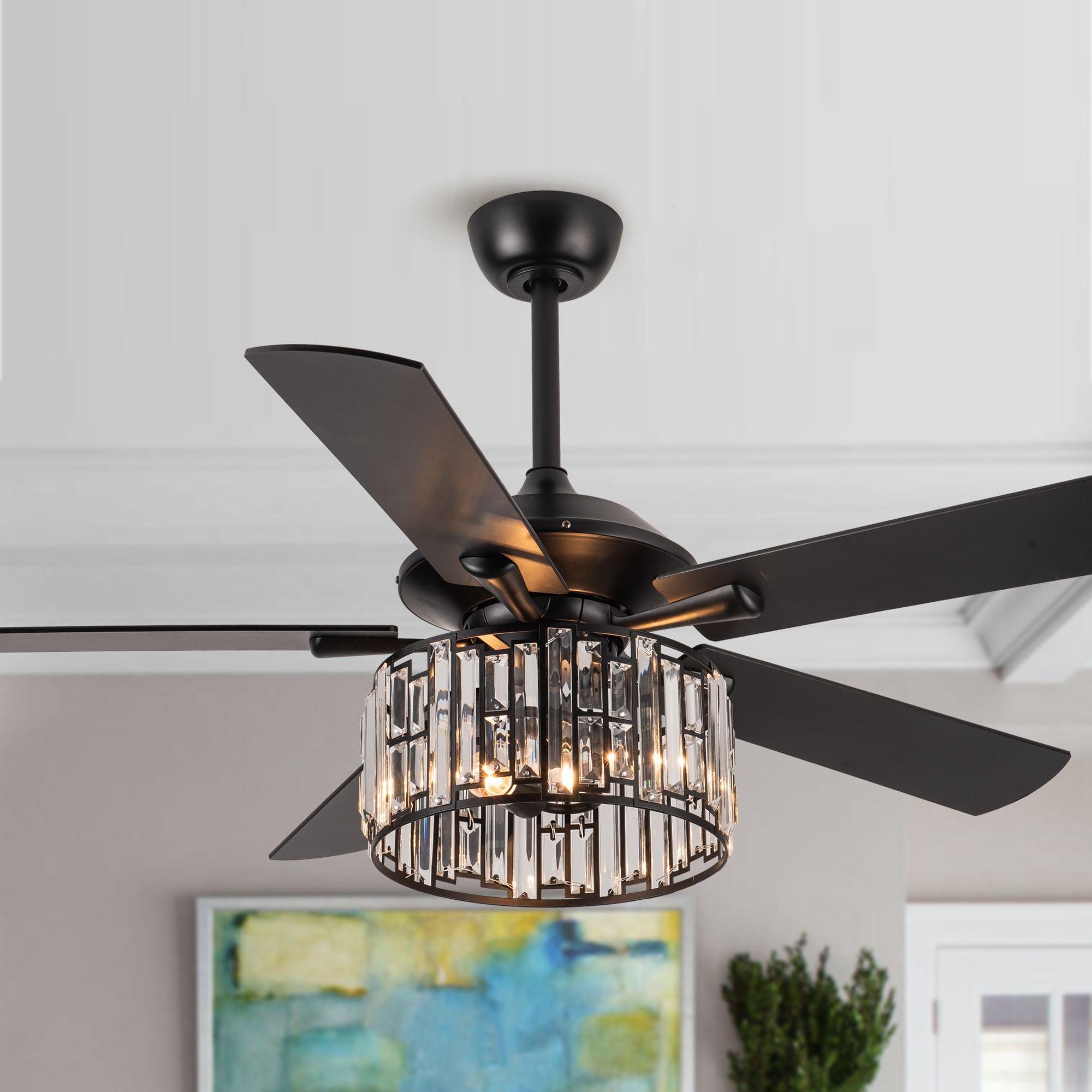 Parrot Uncle 52" Modern Black Crystal Ceiling Fan with Light and Remote