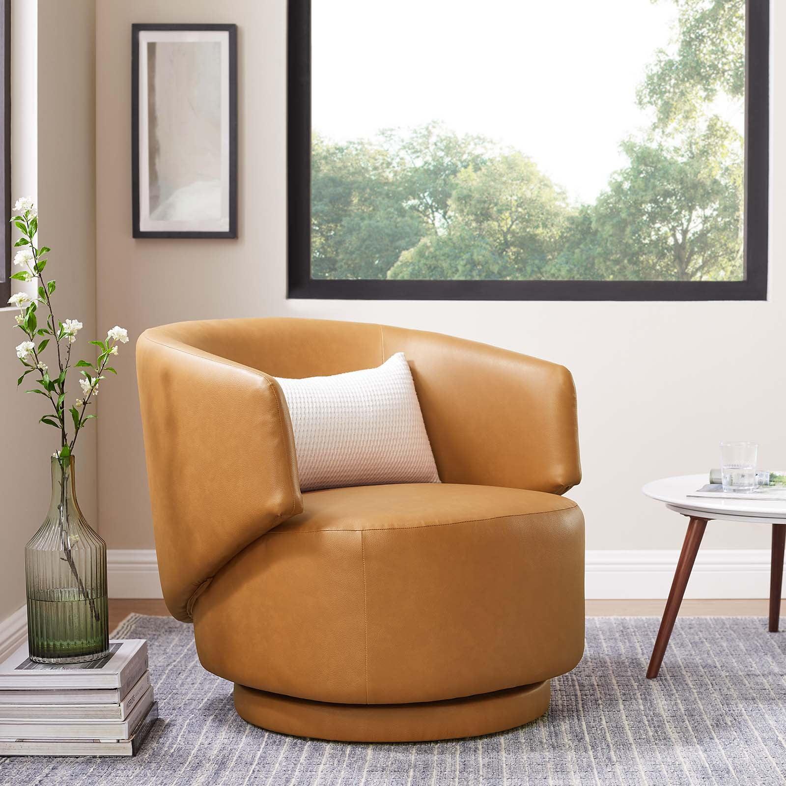 Modway Celestia Upholstered Vegan Faux Leather & Wood Swivel Chair in Tan