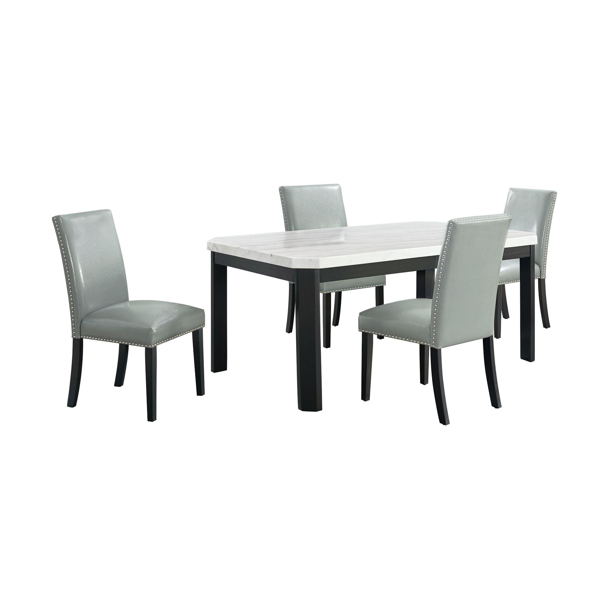 Celine 5-Piece White Marble Dining Set with Grey Faux Leather Chairs