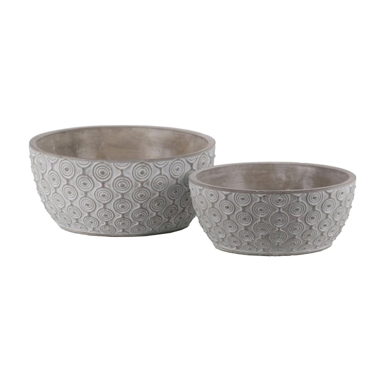 Washed Finish Cement Round Pots with Embossed Circles, Set of 2