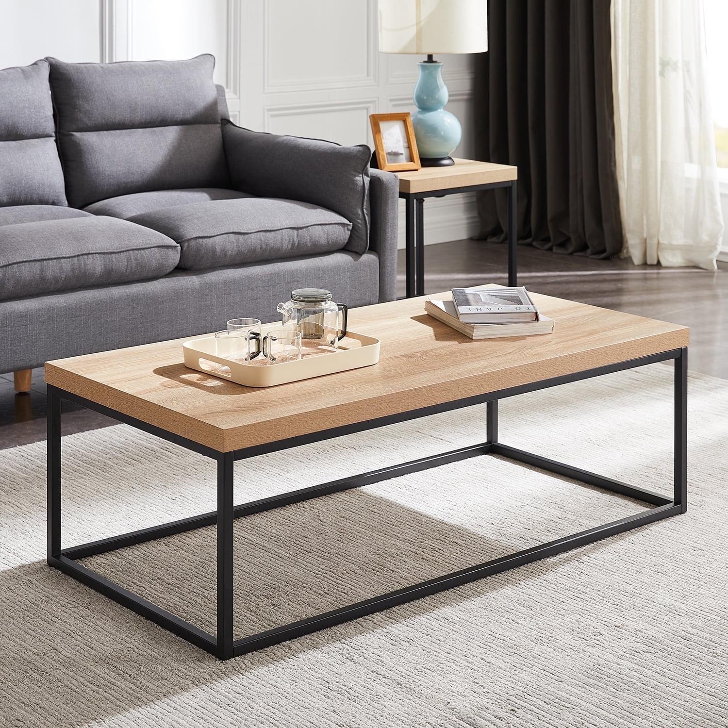 Censi 47" Large Coffee table for Living Room, Light Wood, Natural Oak Finish, Rectangle Modern Industrial, Wood and Metal