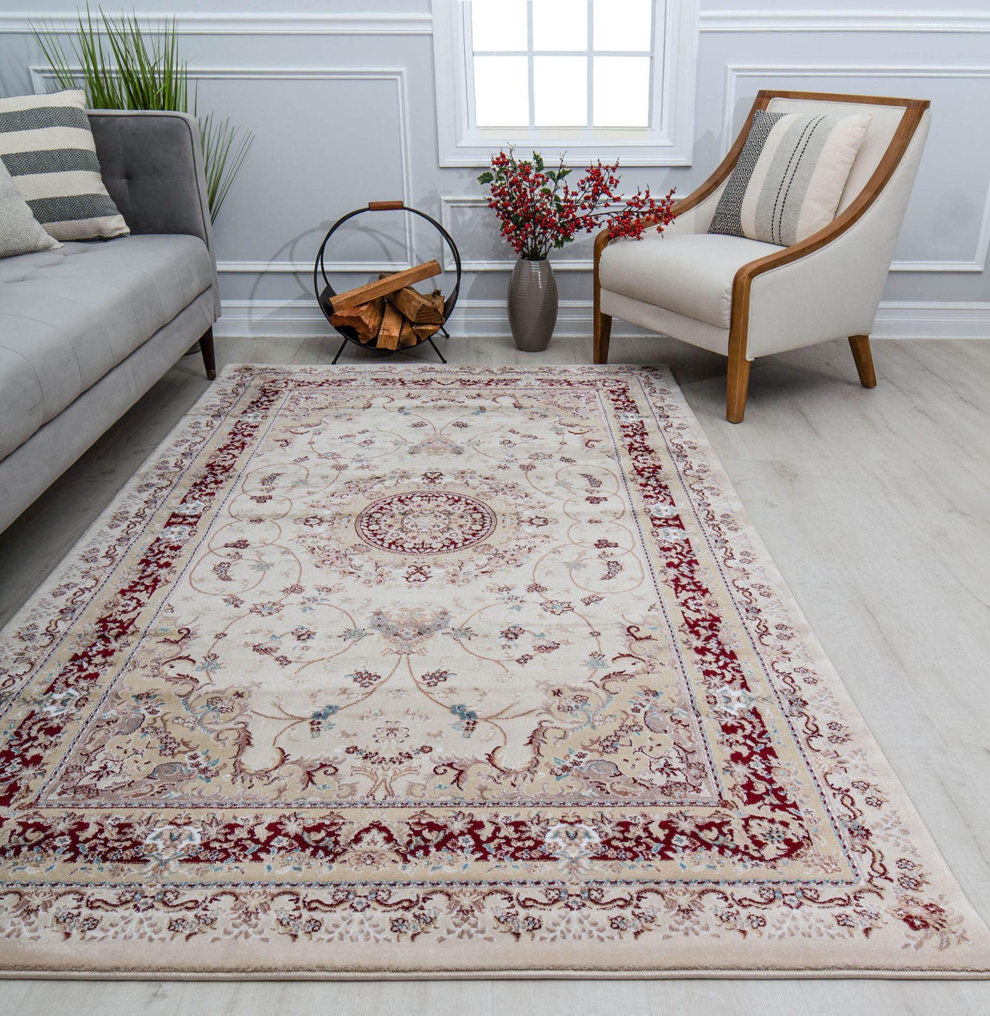 Cream and Beige Medallion Stain-Resistant Synthetic Rug, 5' x 7'