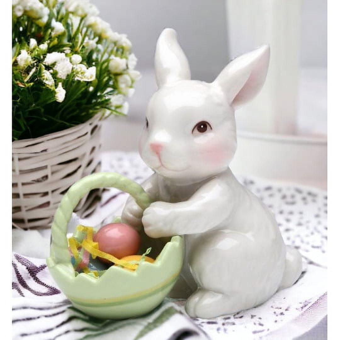 Ceramic Bunny Rabbit Easter Egg Basket Figurine 3.5in Spring Gift