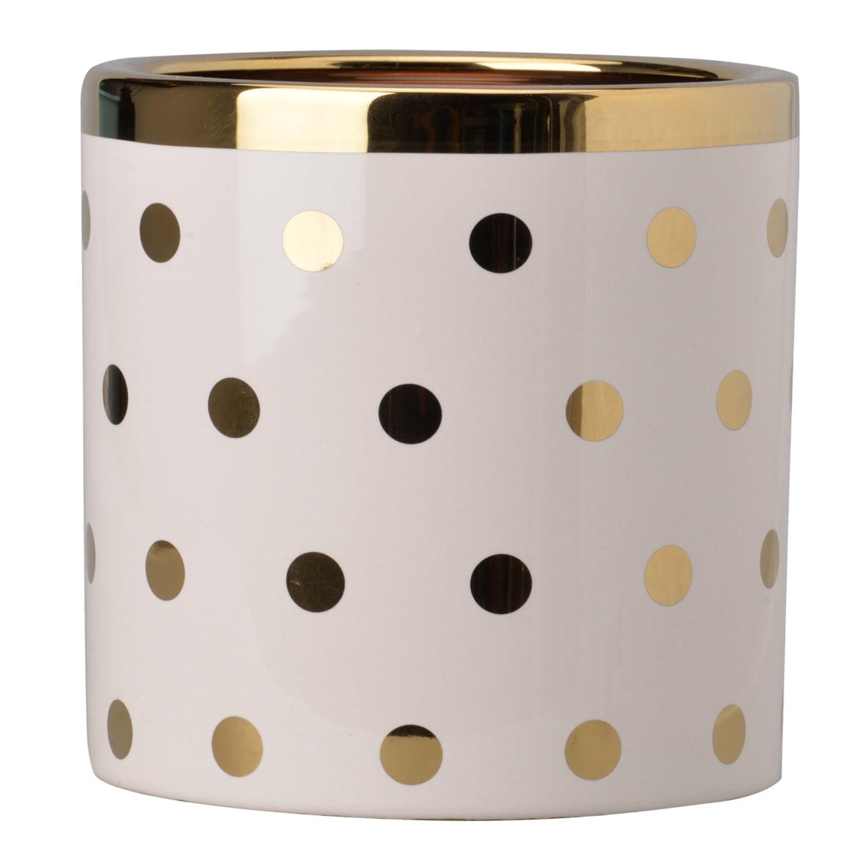 Ceramic Cylindrical White and Gold Polka Dot Tabletop Planter
