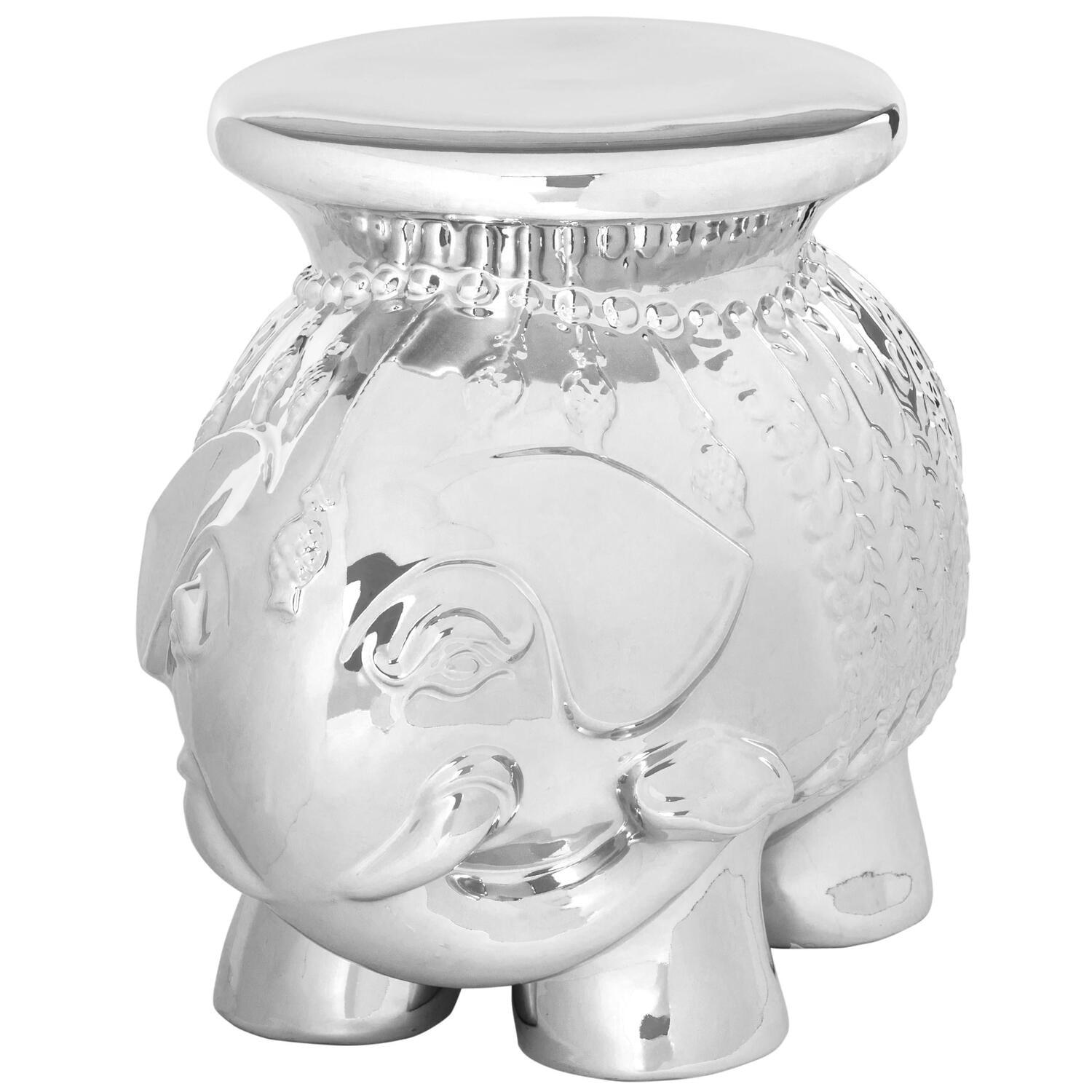 Silver Ceramic Elephant Garden Stool