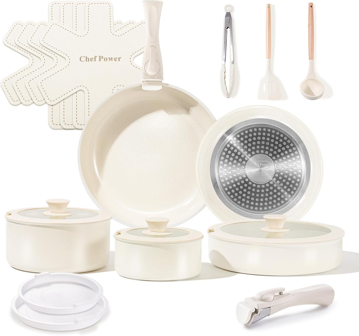 Chef Power Chef Power 19pcs Cream Cake Ceramic Nonstick Pots and Pans Set, Cookware Sets Detachable Handle
