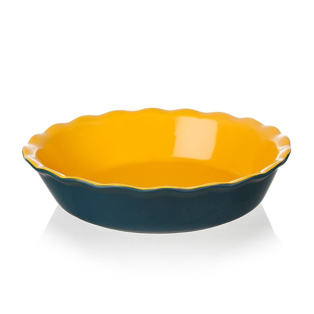 Blue and Yellow Ceramic Non-Stick Pie Pan with Wave Edge