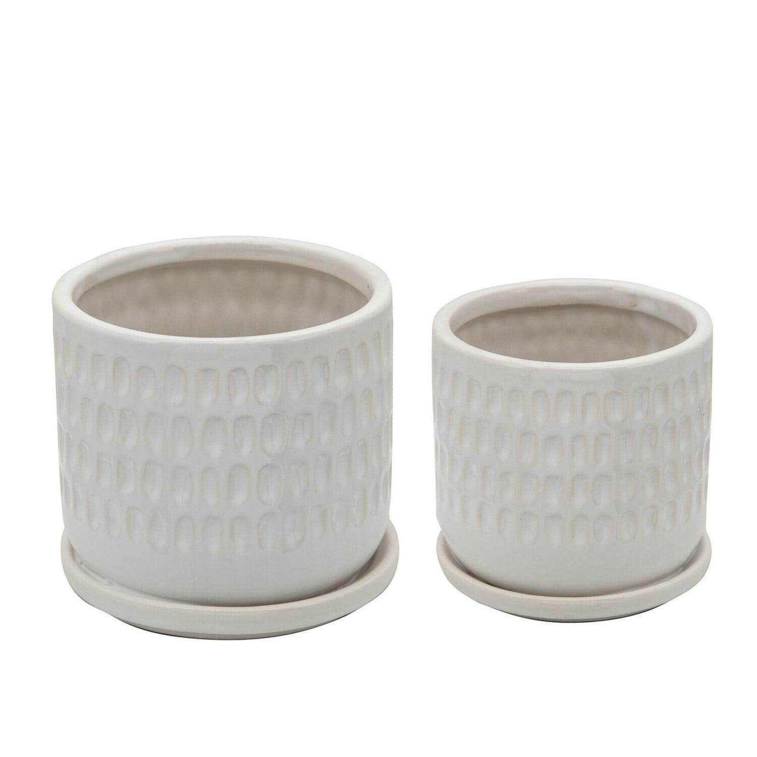 Cylindrical White Ceramic Planters with Hammered Design, Set of 2