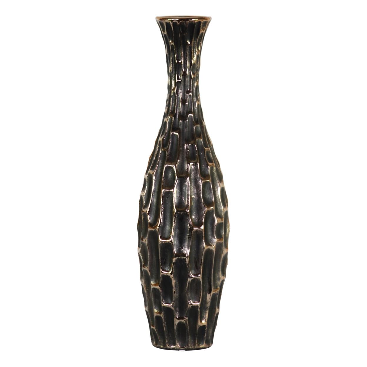 Large Black Distressed Ceramic Embossed Vase with Long Neck