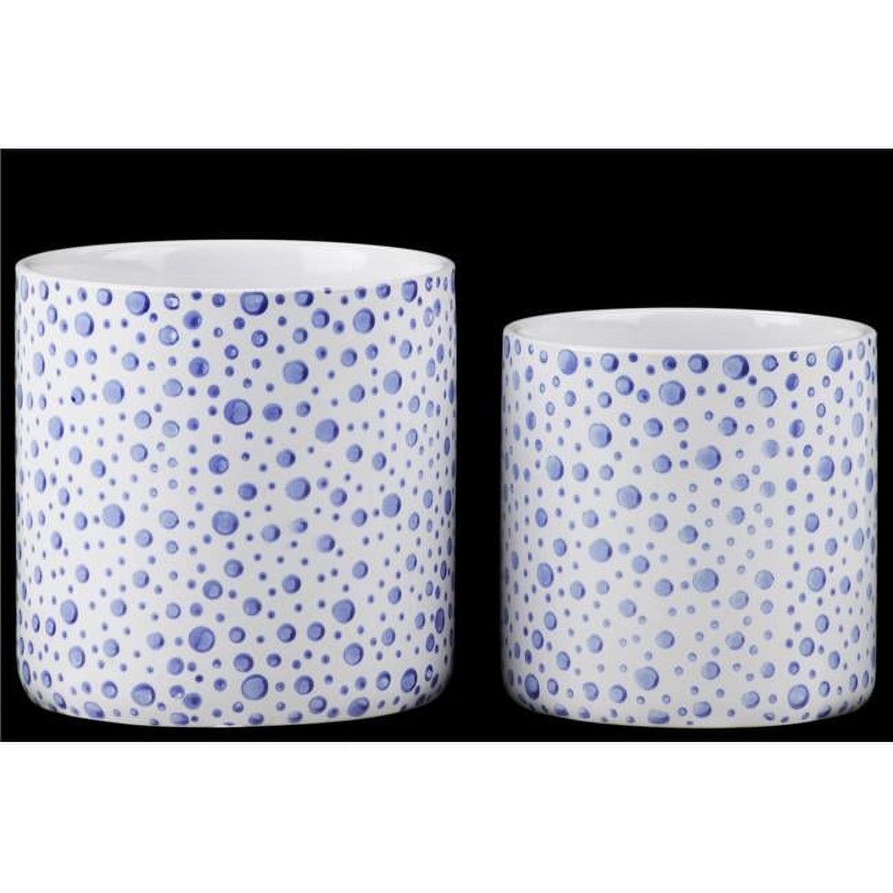 Elegant Spotted Blue and White Gloss Ceramic Round Planters, Set of 2