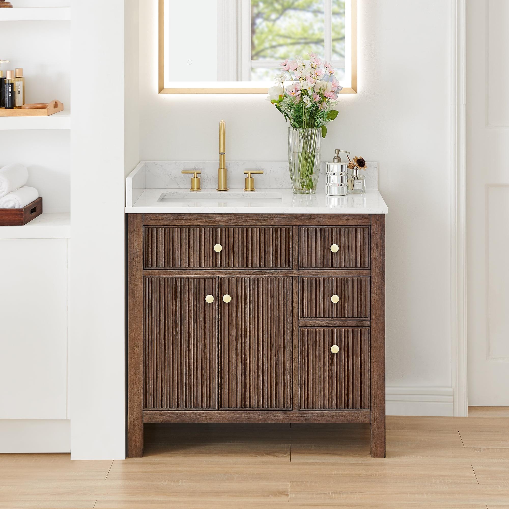 Cerrito 36" Bath Vanity in Brown Brushed Oak Engineered Stone Top no Mirror