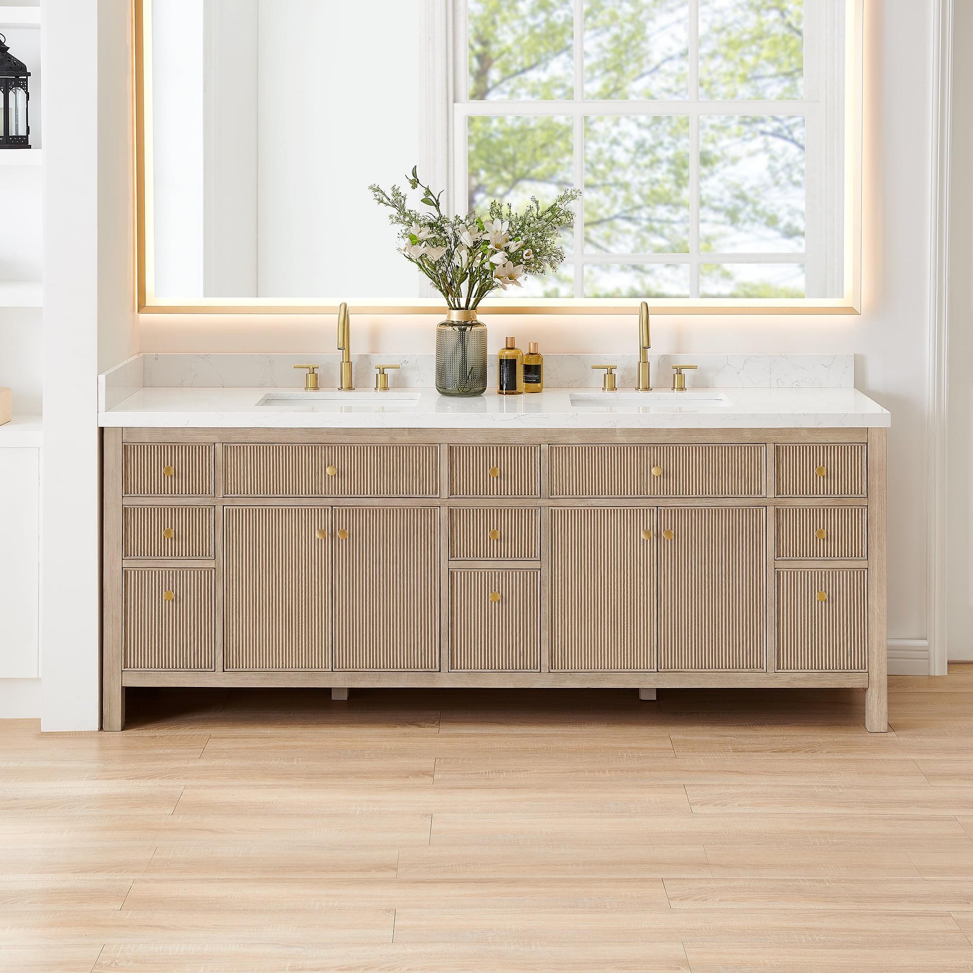 Cerrito 84" Bath Vanity in Nature Oak Engineered Stone Top no Mirror