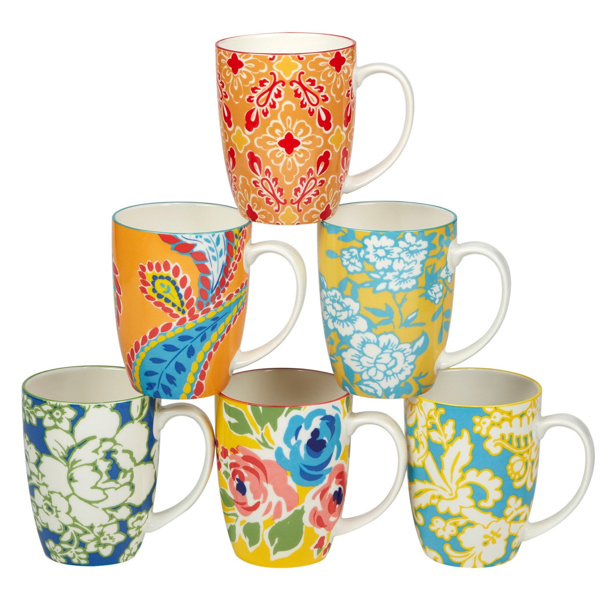 Colorful Ceramic Bohemian Floral 14oz Mug Set of 6